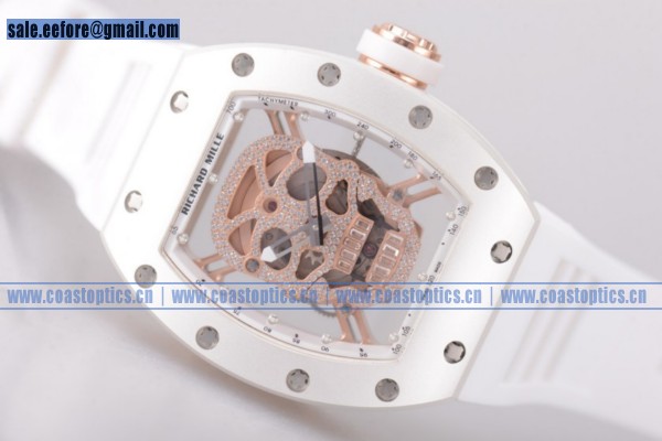 Richard Mille RM 52-01 Watch Rose Gold Skeleton White Rubber 1:1 Clone (V6F) - Click Image to Close